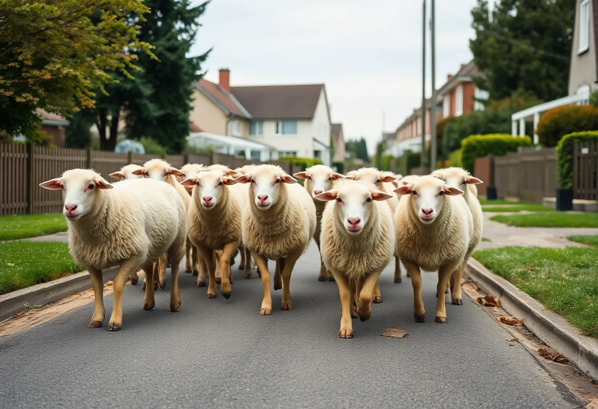 A flock of sheep on a residential street in Leander, Texas.