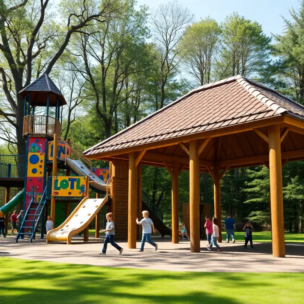 A colorful YMCA adventure course featuring climbing apparatus and a pavilion in Cedar Park.