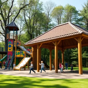 A colorful YMCA adventure course featuring climbing apparatus and a pavilion in Cedar Park.