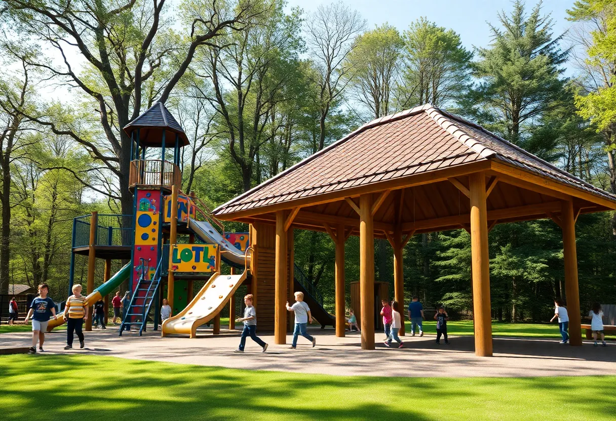 A colorful YMCA adventure course featuring climbing apparatus and a pavilion in Cedar Park.