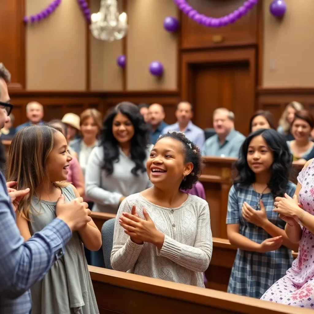 Families celebrating Adoption Day in a Travis County courtroom