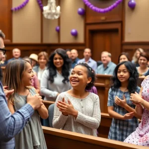 Families celebrating Adoption Day in a Travis County courtroom
