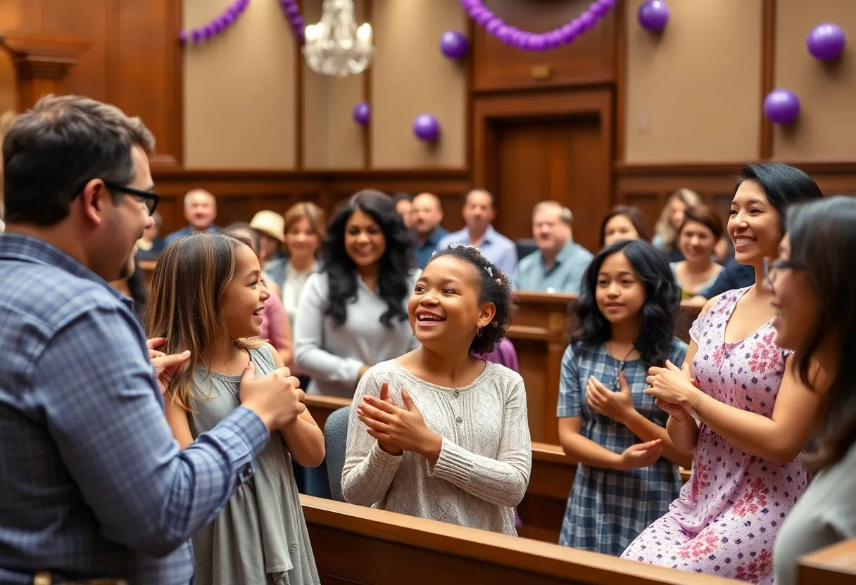 Families celebrating Adoption Day in a Travis County courtroom