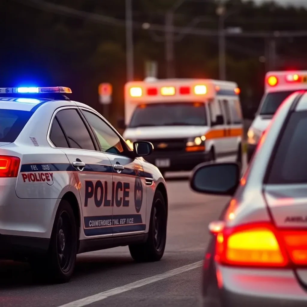 Police car at traffic stop crime scene.