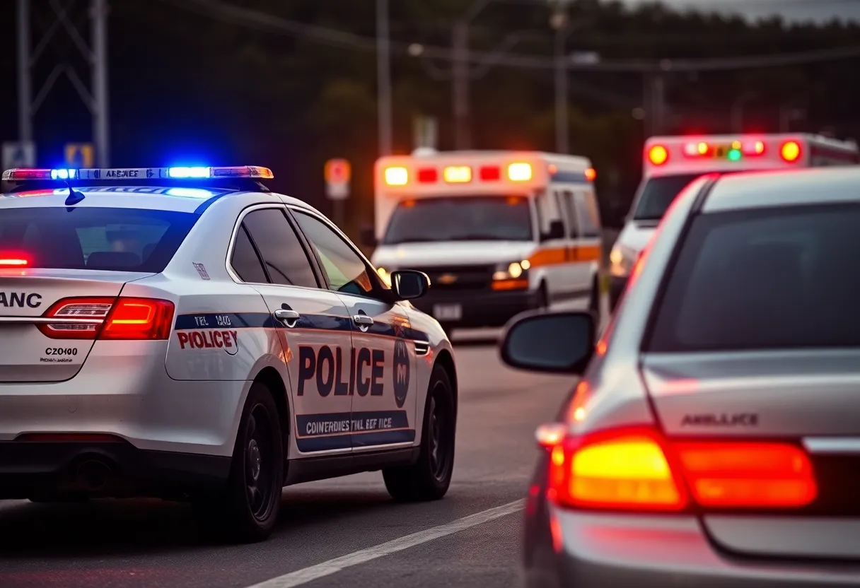 Police car at traffic stop crime scene.
