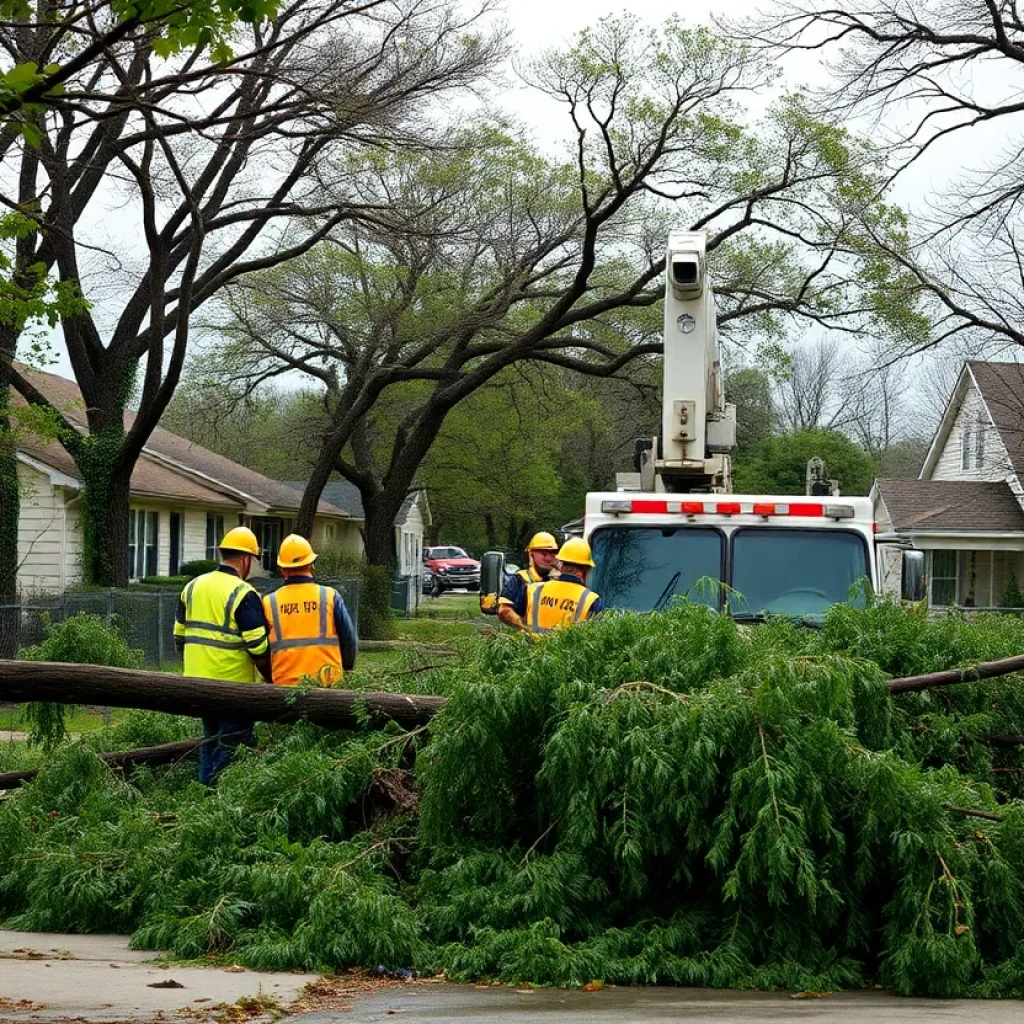 Emergency crews in Austin removing storm-damaged trees and debris