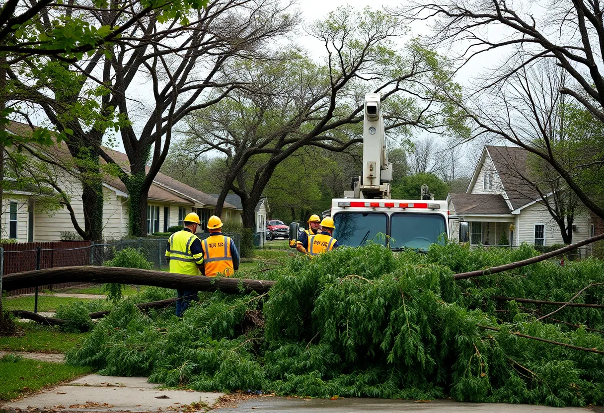 Emergency crews in Austin removing storm-damaged trees and debris