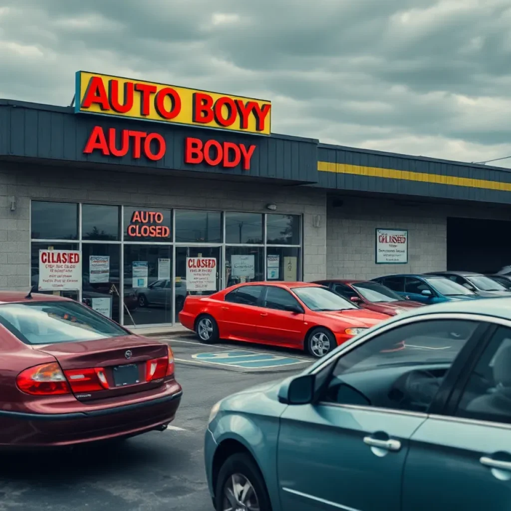Deserted auto body shop with closed signs