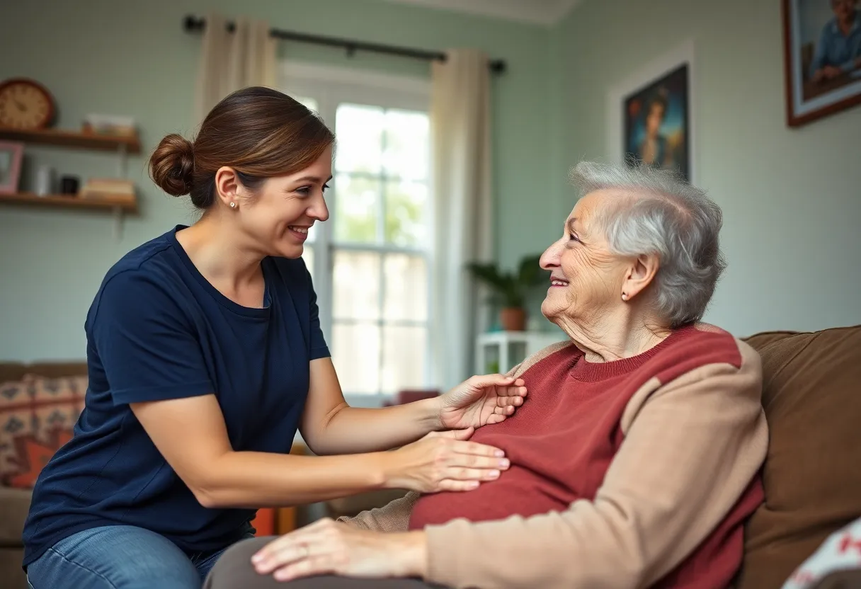 Young woman assisting elderly woman in home care.