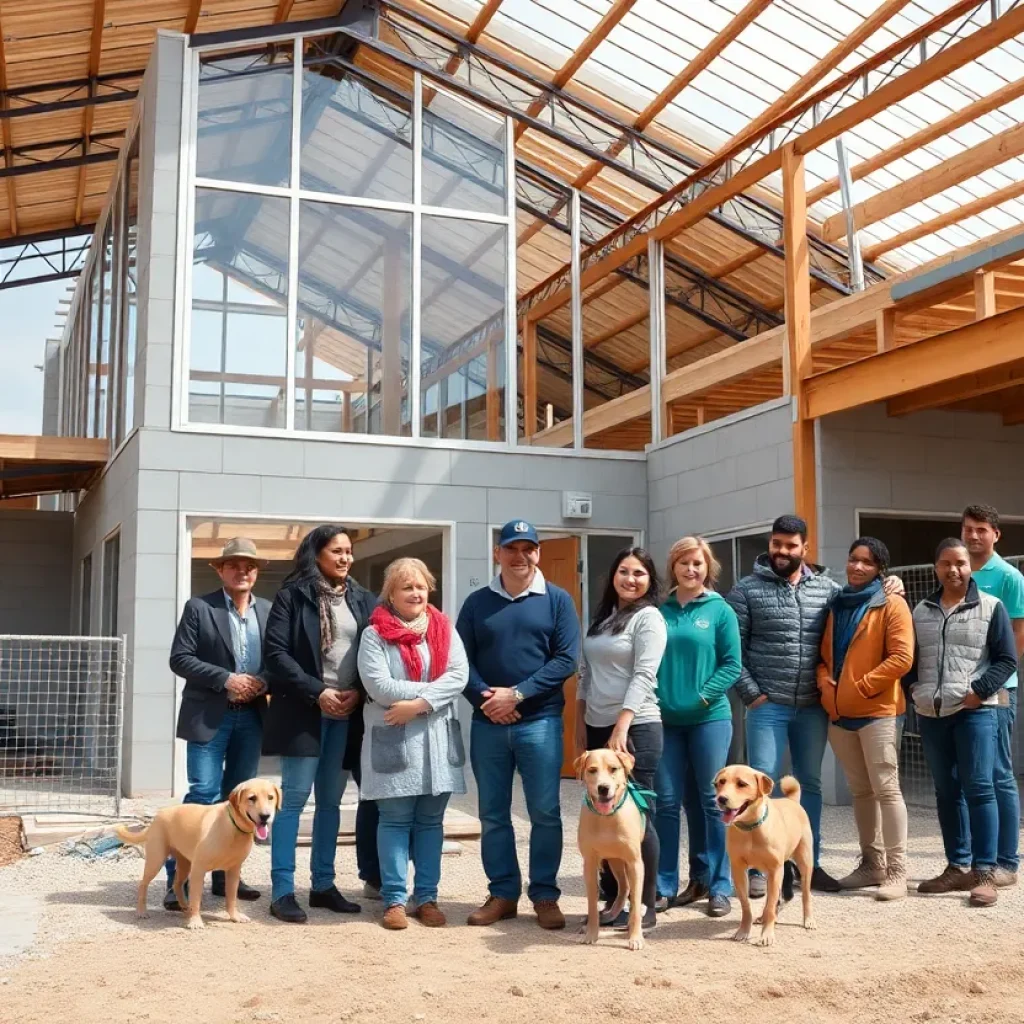 Construction site of the new Central Texas SPCA facility with workers and community members