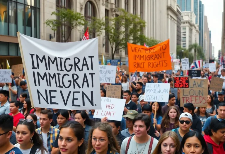 Crowd of protesters marching for immigrant rights in Chicago.