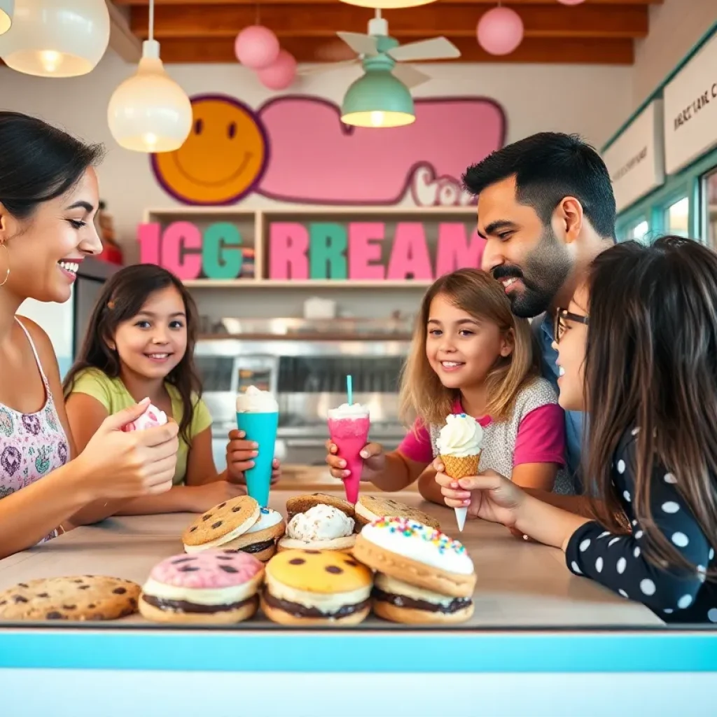Families at an ice cream shop enjoying time together