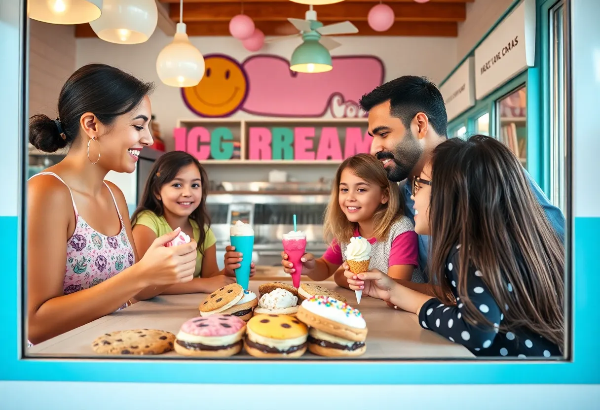 Families at an ice cream shop enjoying time together