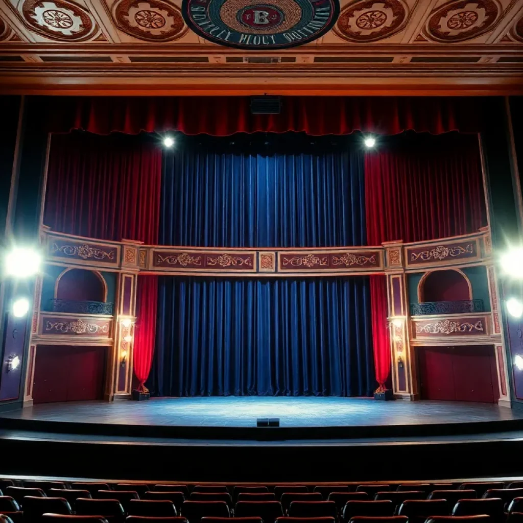 The newly named Davidson Stage at Southwestern University featuring bright stage lights and a classic theater design.