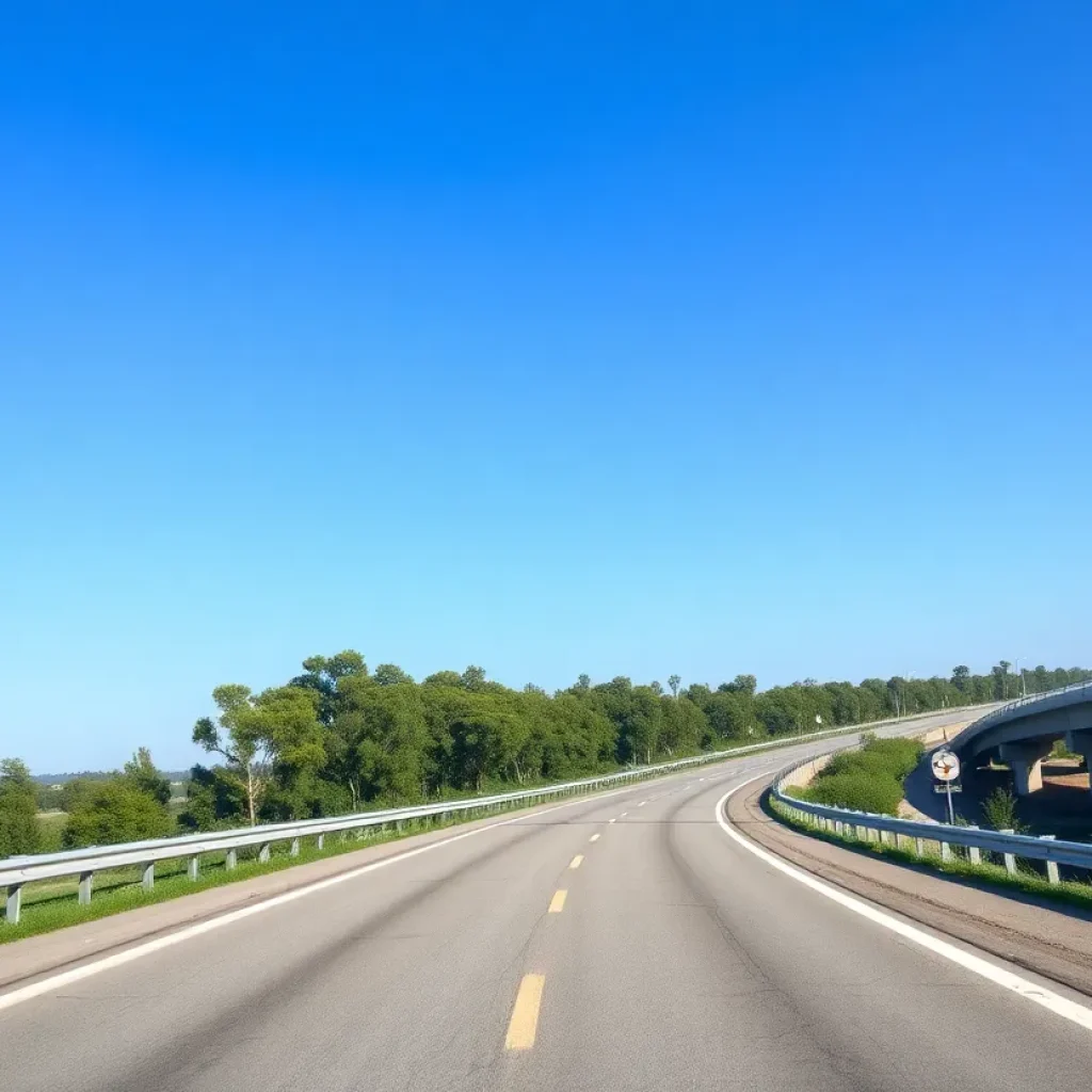 A newly opened segment of the East WilCo Highway with traffic and greenery.