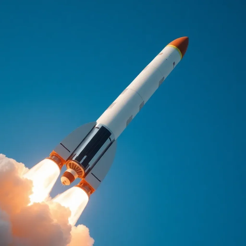 Eclipse rocket launching into a clear blue sky.