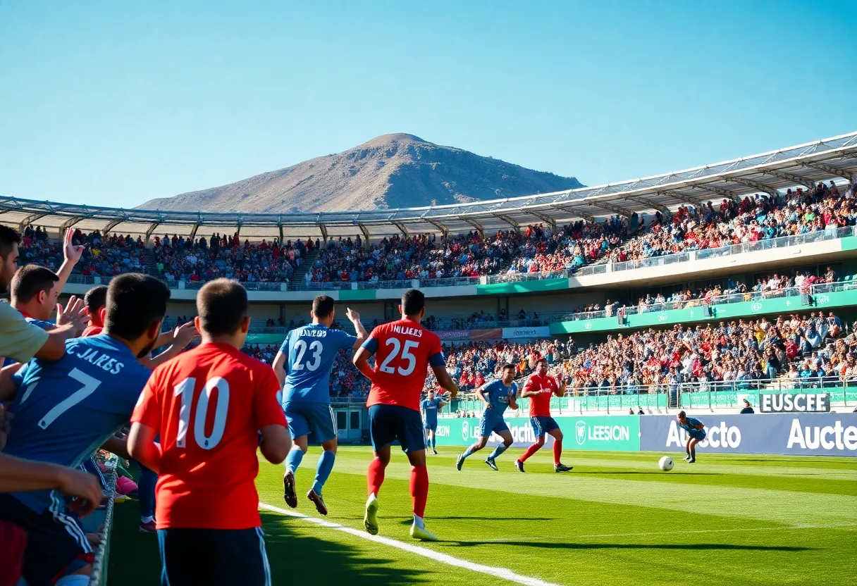 FC Juarez players facing off against Santos Laguna during a friendly match at Southwestern University Park.