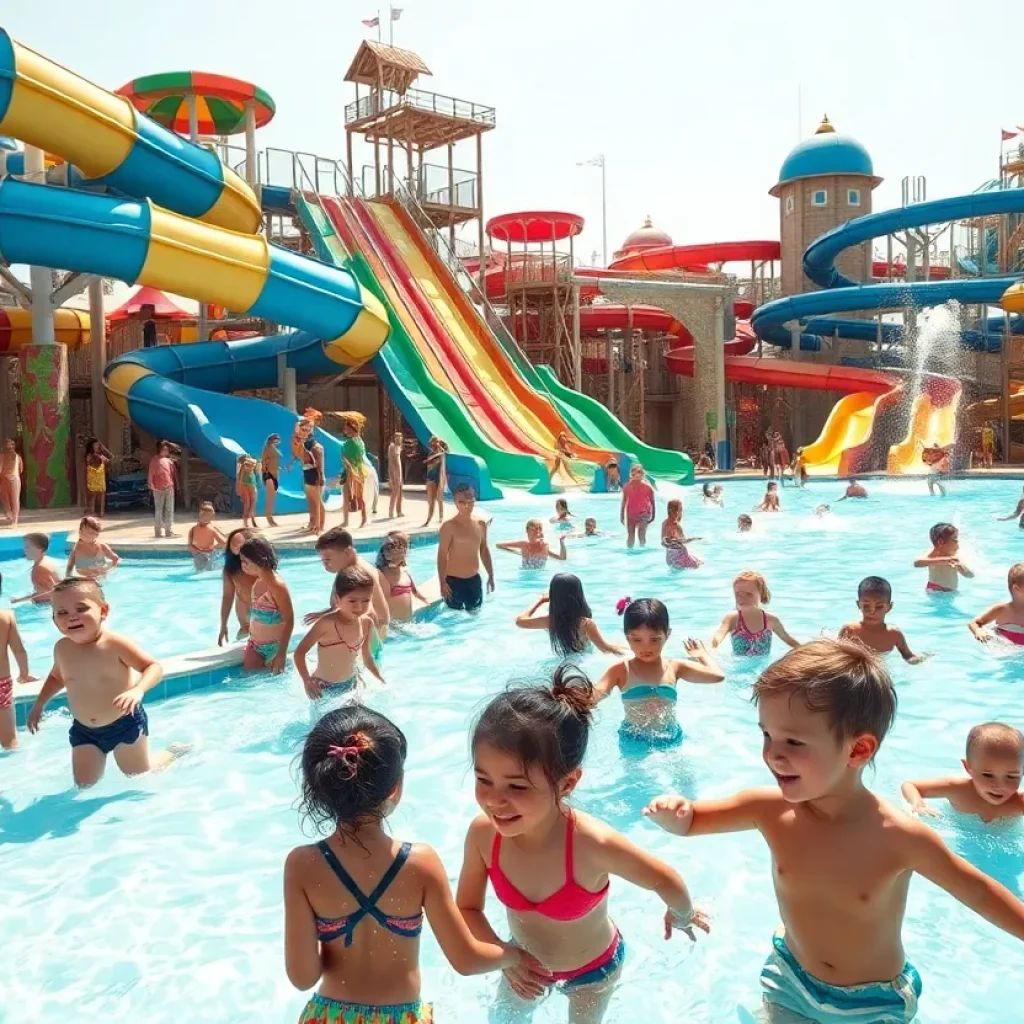 Children enjoying water slides and pools at Typhoon Texas waterpark