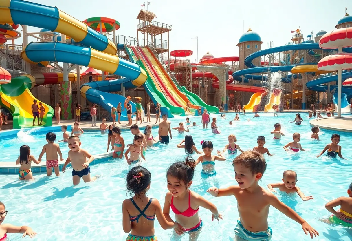 Children enjoying water slides and pools at Typhoon Texas waterpark