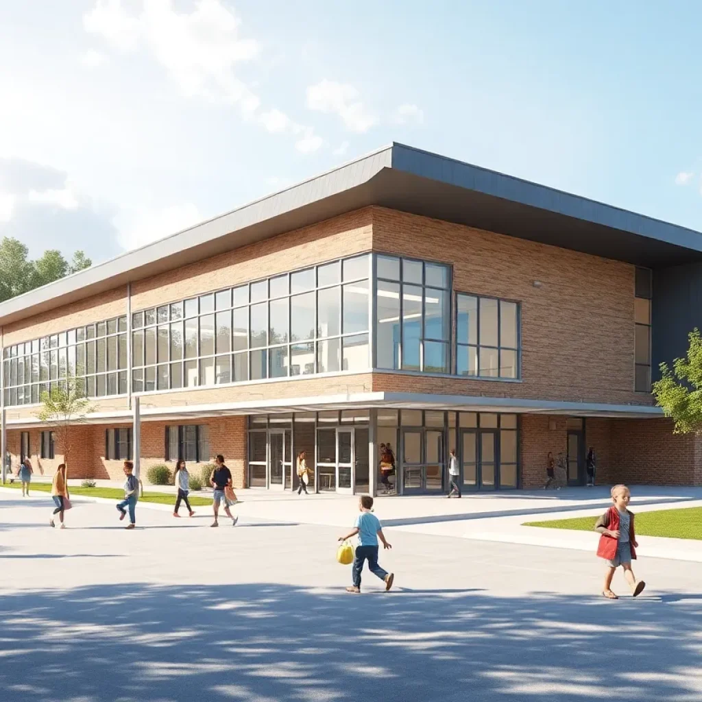 Conceptual image of a new Georgetown ISD school building with students playing outside.