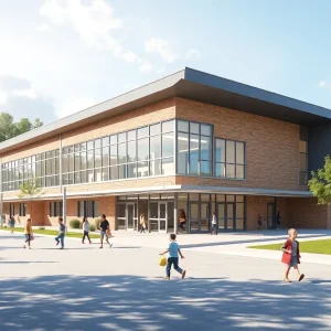 Conceptual image of a new Georgetown ISD school building with students playing outside.
