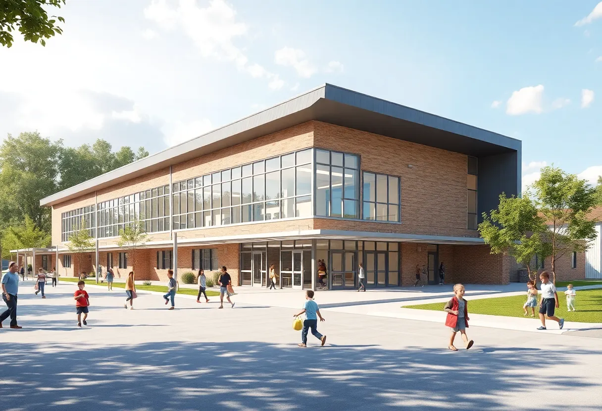 Conceptual image of a new Georgetown ISD school building with students playing outside.