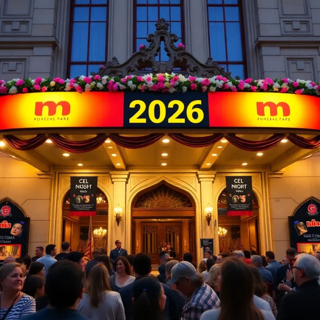 Exterior view of the Georgetown Palace Theatre with promotional banners for the 2026 season.
