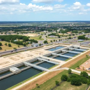 Water treatment plant in Georgetown, Texas, surrounded by construction and urban development.