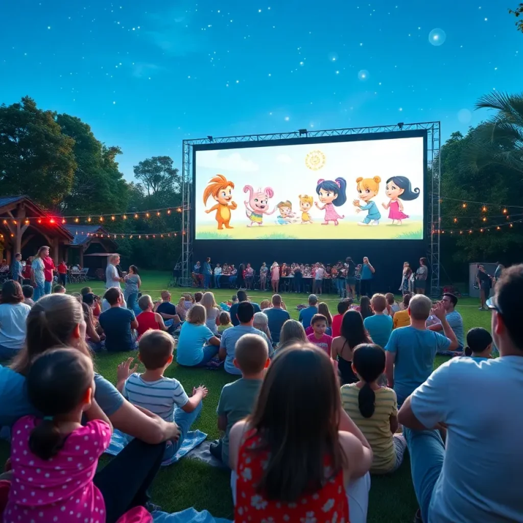 Families watching an outdoor screening of 'The Wild Robot' at San Gabriel Park.