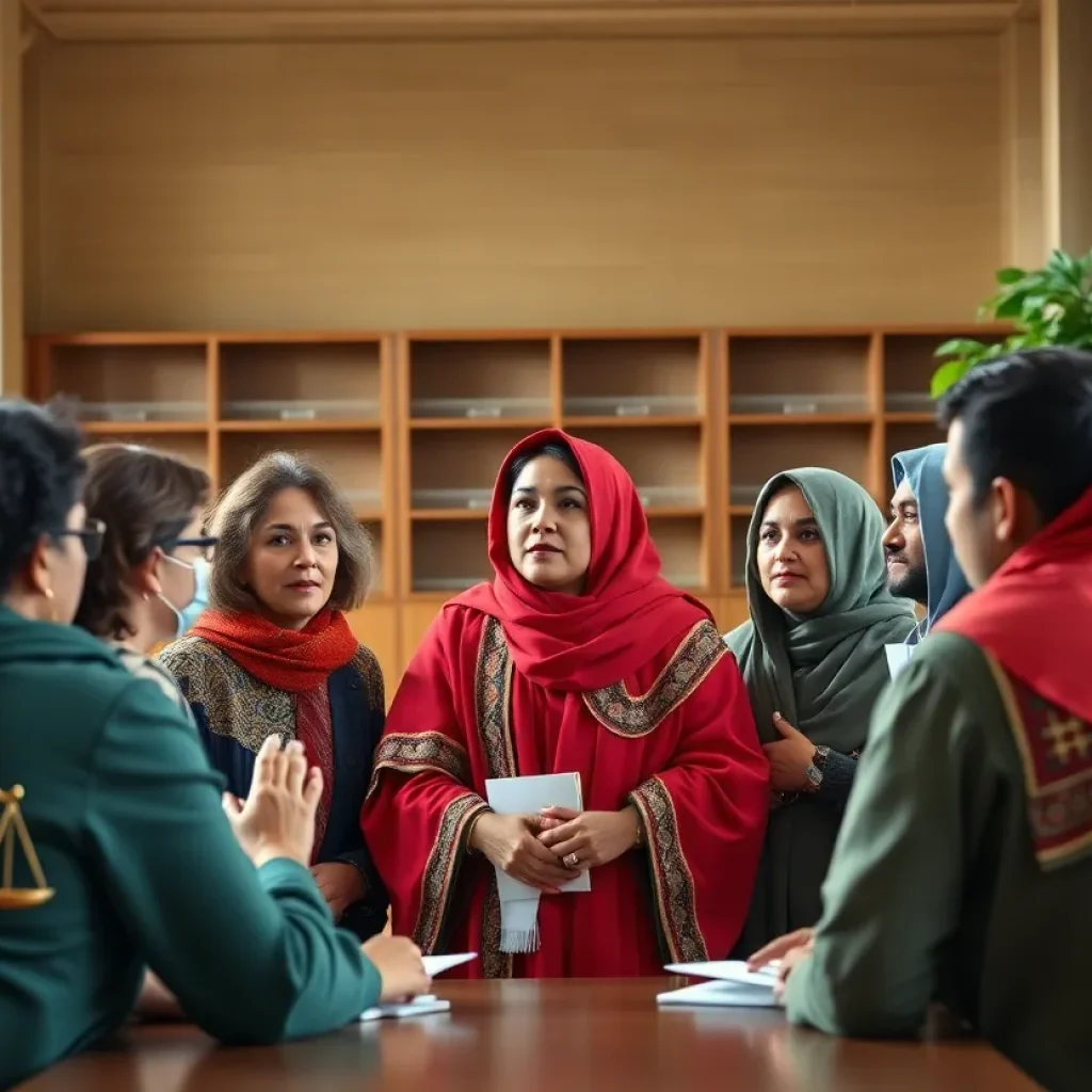 Diverse scholars in discussion about immigration and free speech rights at a university.