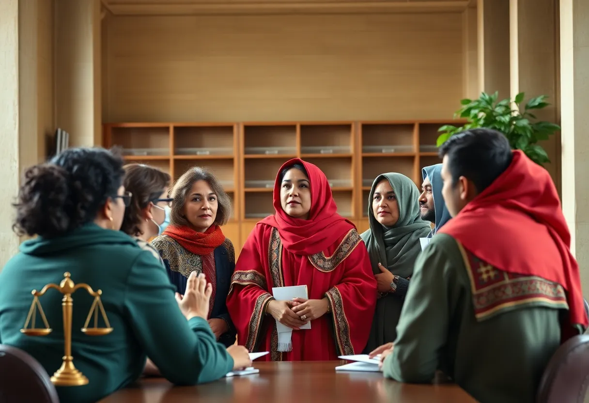 Diverse scholars in discussion about immigration and free speech rights at a university.