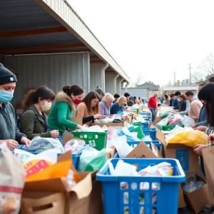 Volunteers at Heartening sorting donated items for the community.