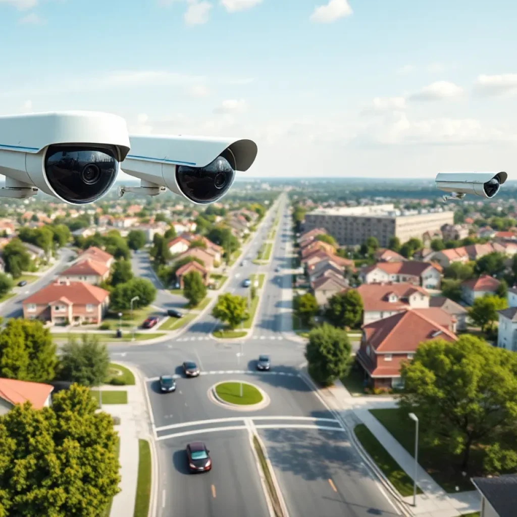 Modern surveillance cameras in a suburban area