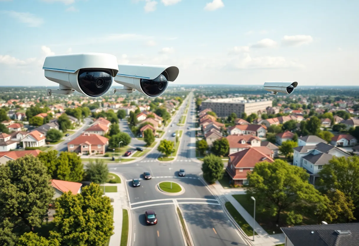 Modern surveillance cameras in a suburban area