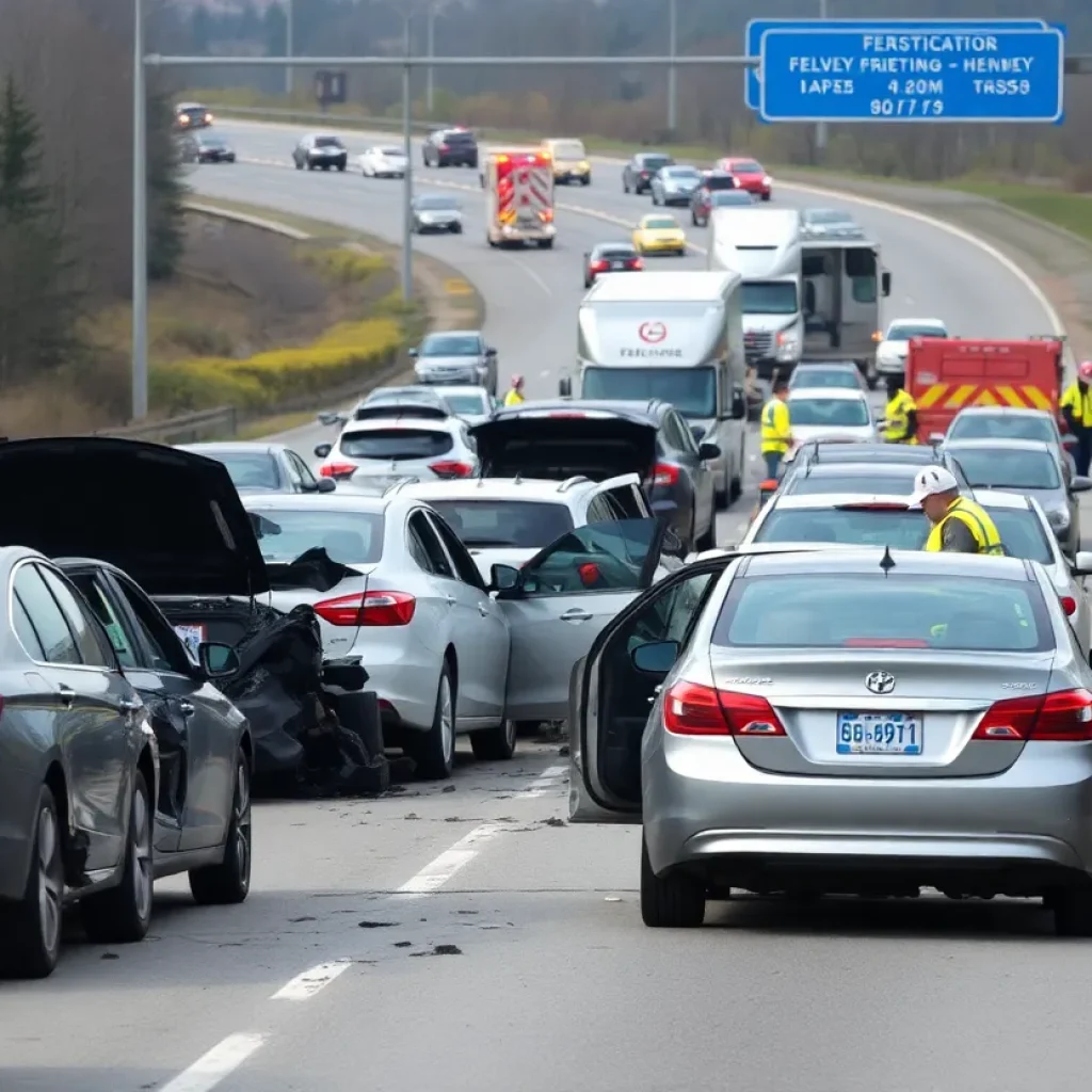 Scene of a multi-vehicle crash on I-35 with emergency services present.