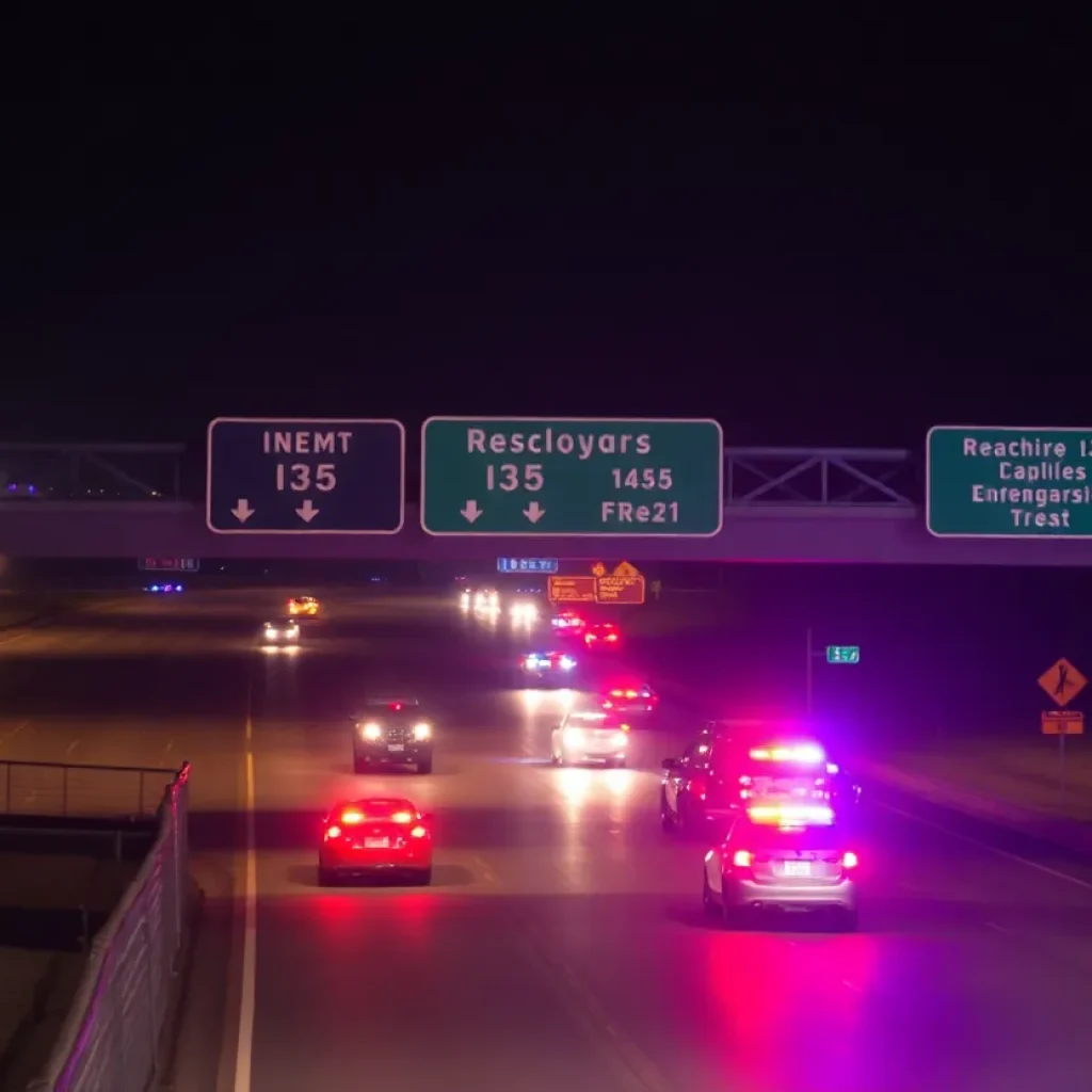 Police and emergency vehicles at a traffic accident scene on I-35 frontage road in Round Rock