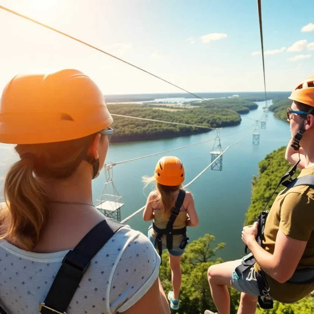 Families ziplining over Lake Travis with green scenery