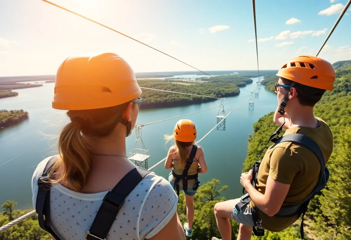 Families ziplining over Lake Travis with green scenery