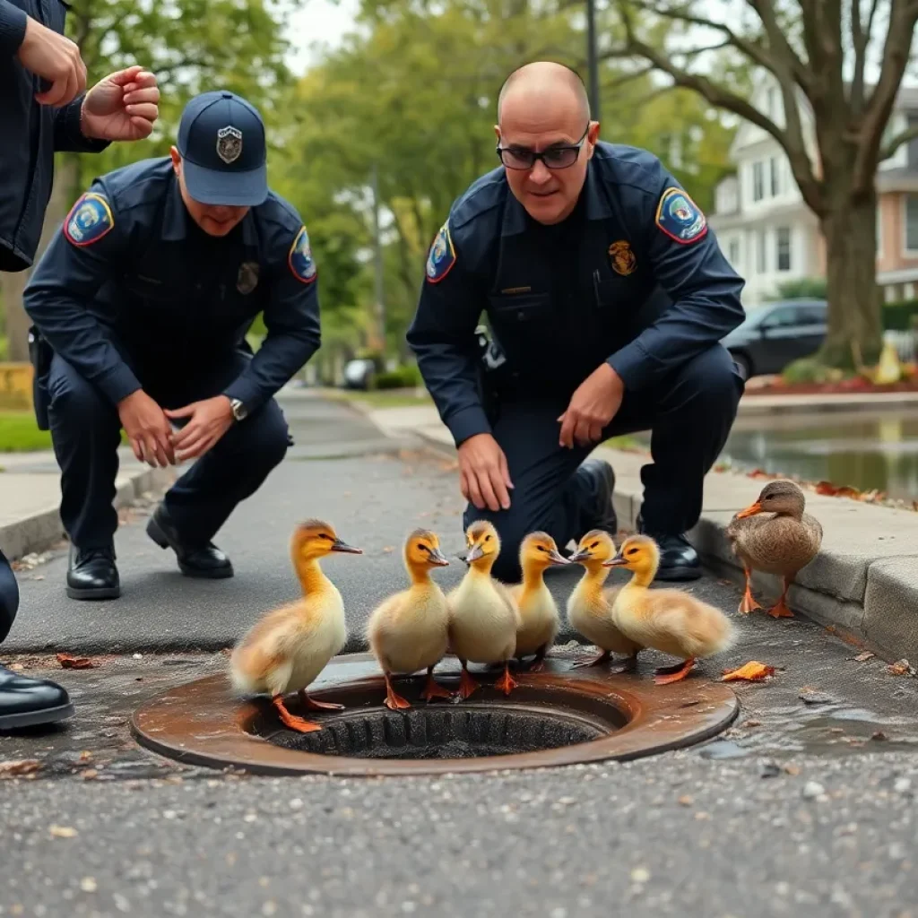 Officers rescuing ducklings from a storm drain in Leander