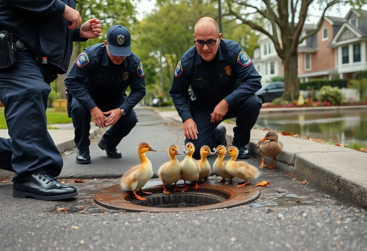 Officers rescuing ducklings from a storm drain in Leander