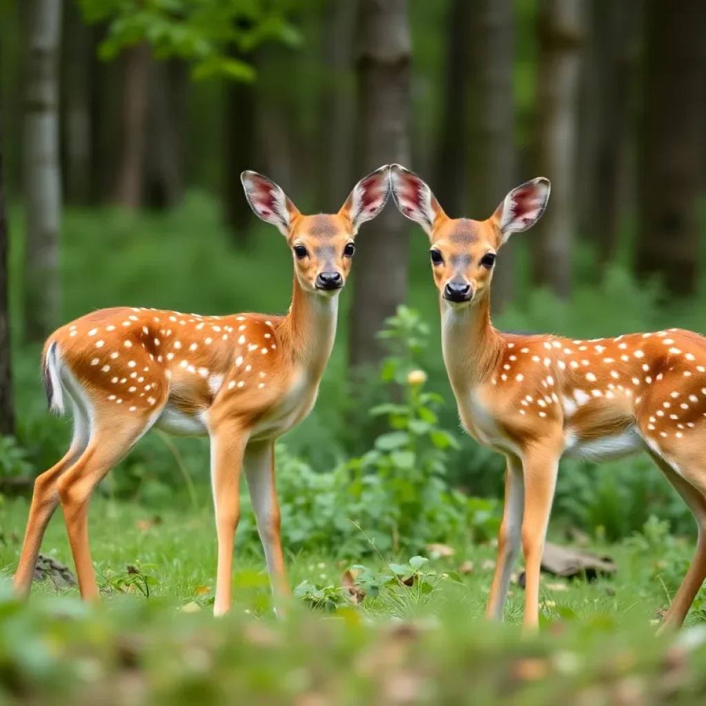 Two fawns in a forest
