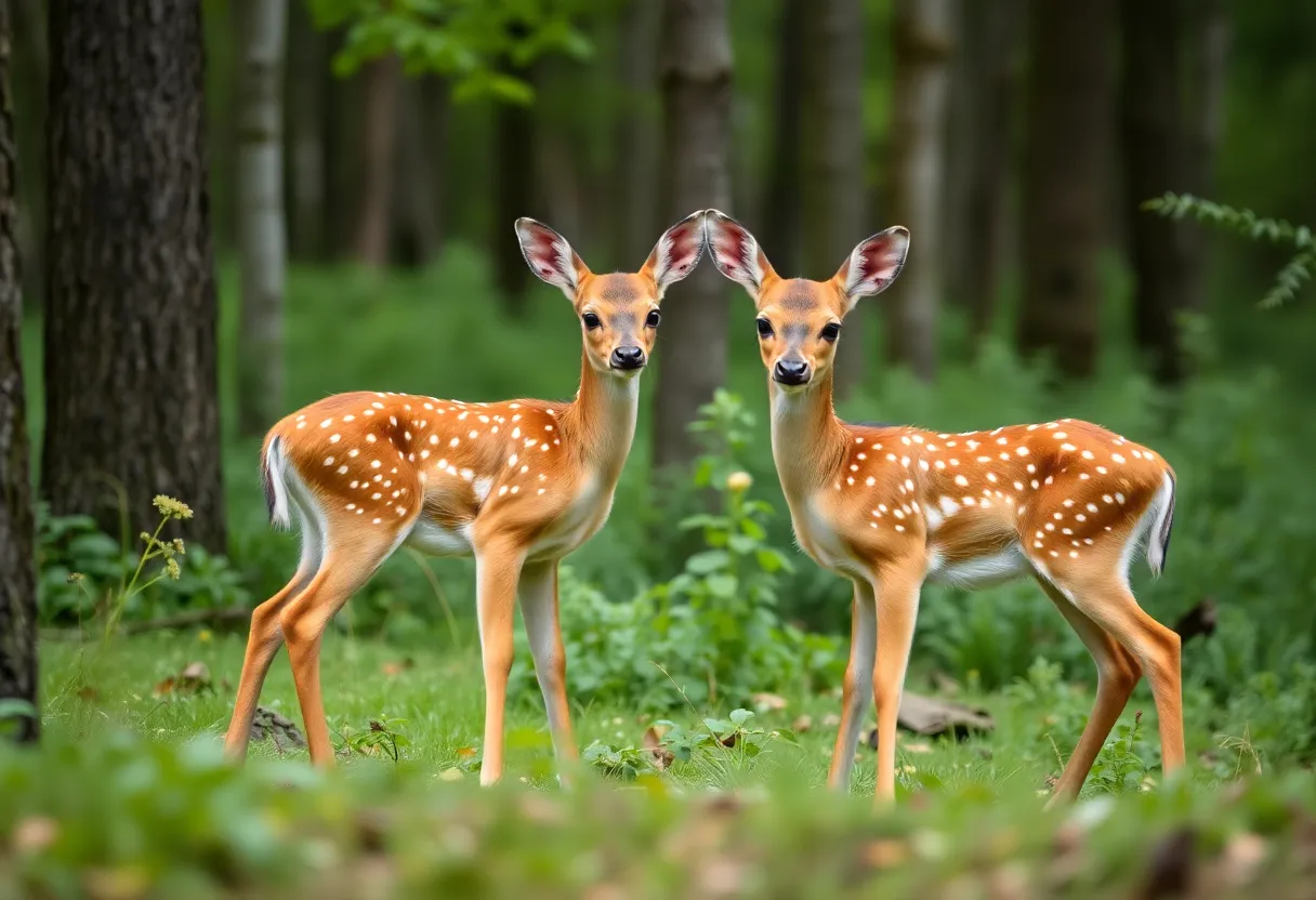 Two fawns in a forest