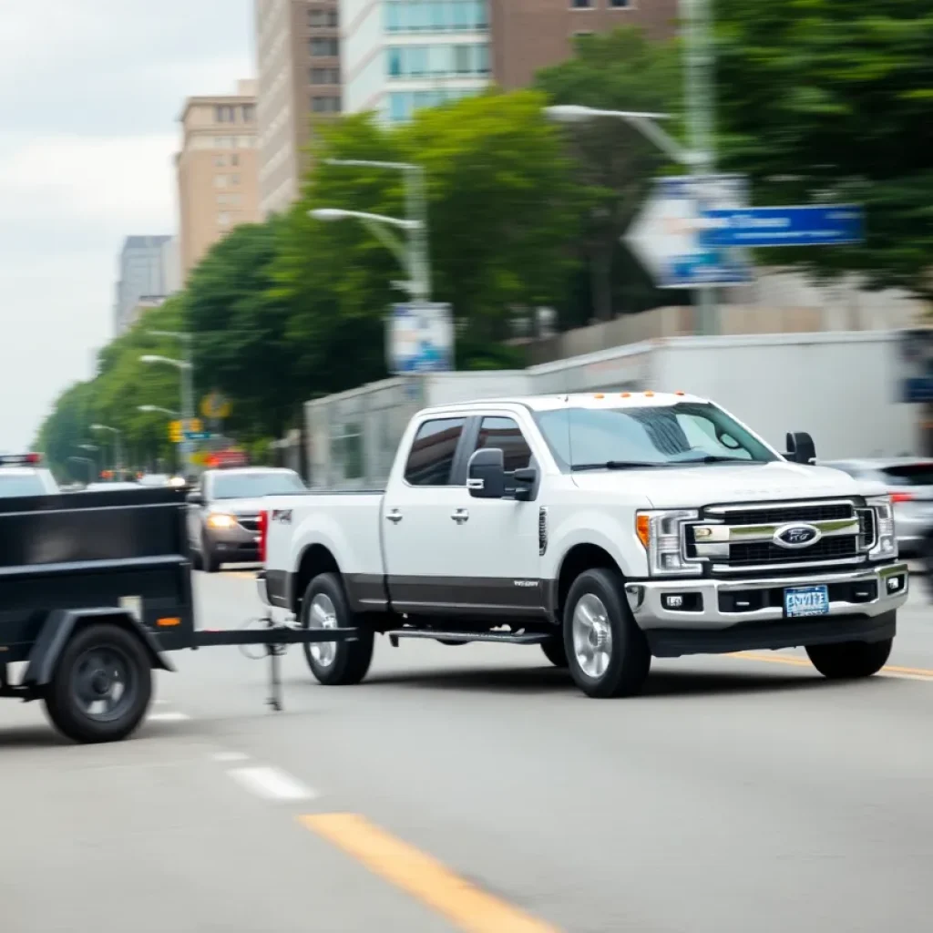 White pickup truck and black box trailer in a busy area
