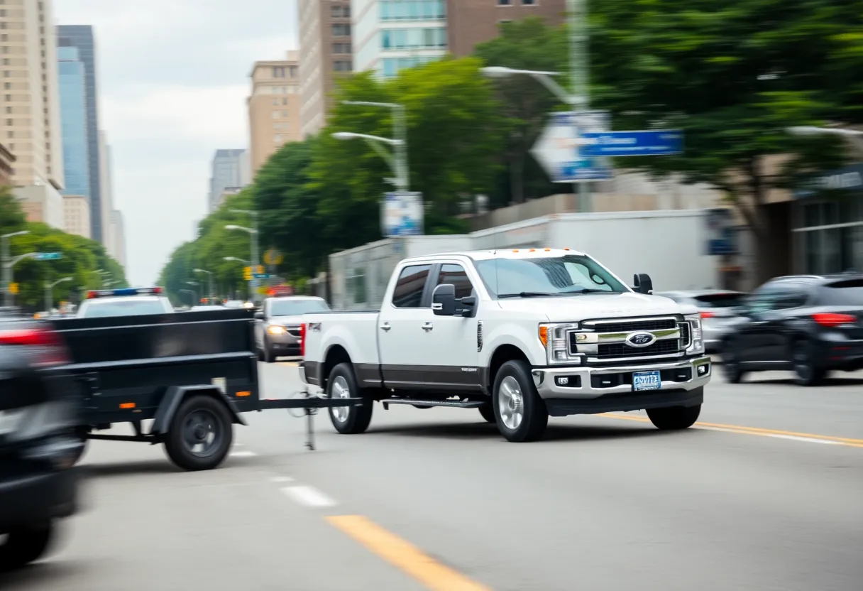 White pickup truck and black box trailer in a busy area