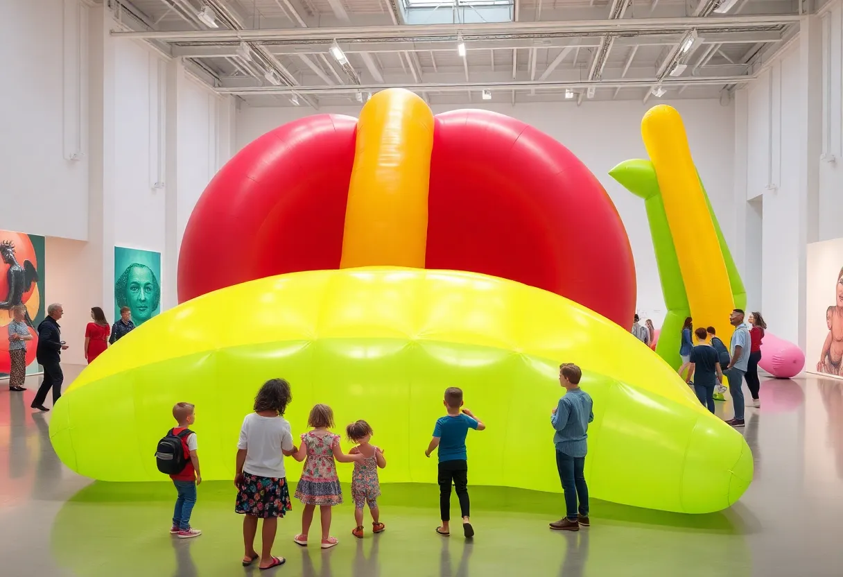 Visitors interacting with large inflatable installations at the Let's Fly exhibition in Austin.
