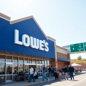 Exterior view of Lowe's store in Georgetown, Texas with customers.