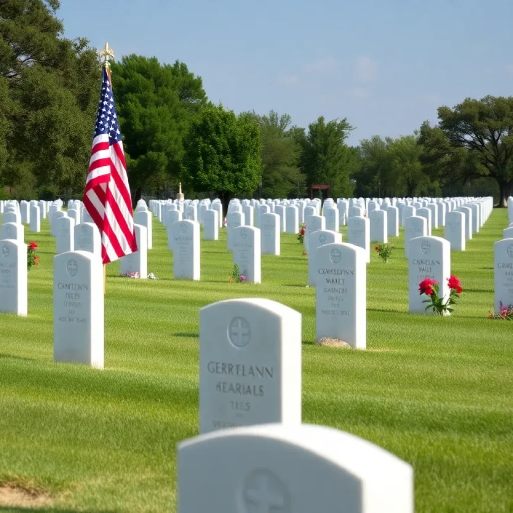 Cemetery scene with American flag and memorial markers