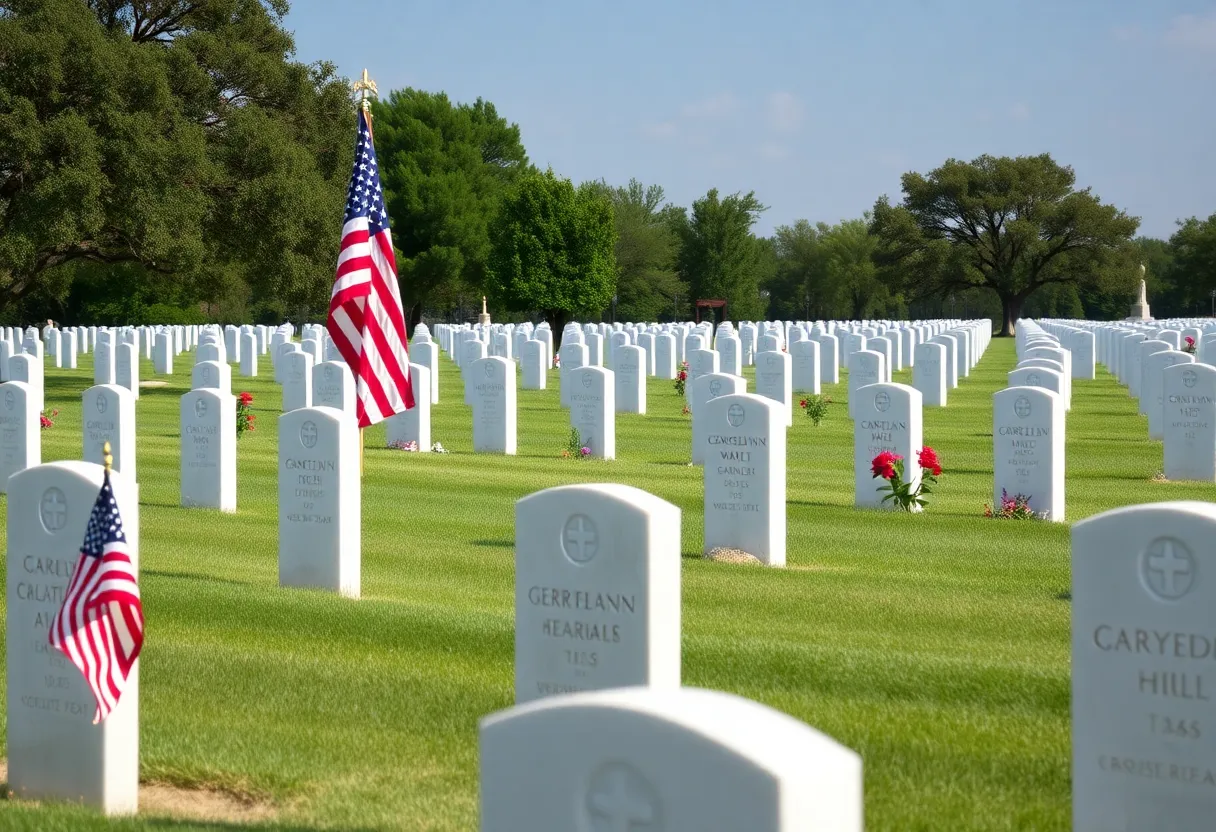 Cemetery scene with American flag and memorial markers