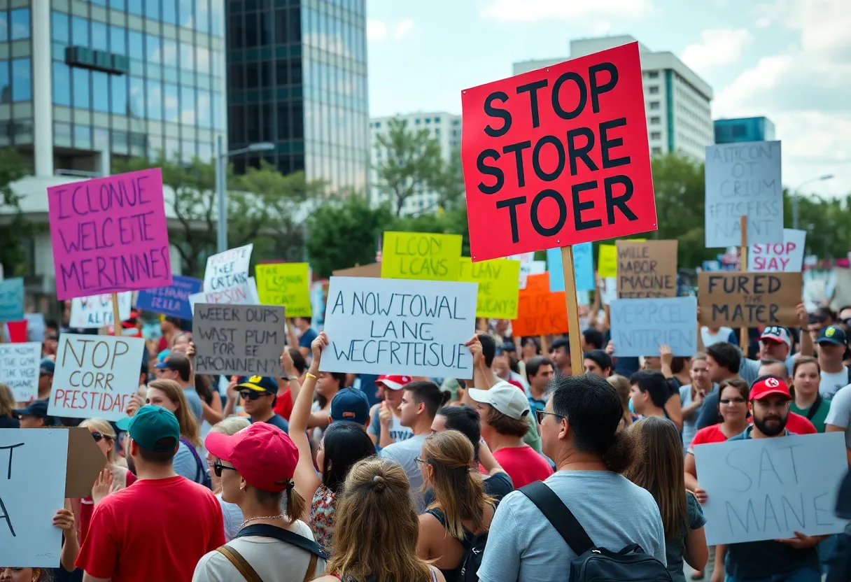 A diverse group of protesters at the No Kings protests in Pflugerville, Texas, holding signs against authoritarianism.