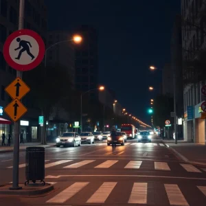 Urban road highlighting pedestrian safety signs and crosswalks